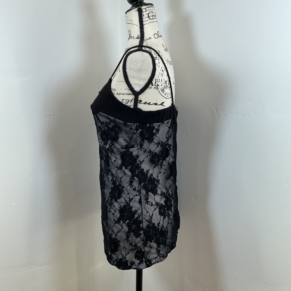 Black Lace Sheer Tank Top – Floral Mesh Overlay – Size Large – Vanity - Picture 2 of 4